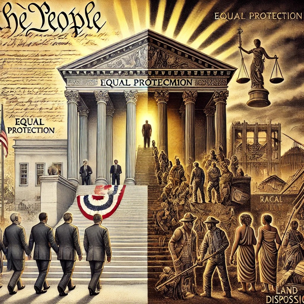 A symbolic illustration depicting the dual nature of the 14th Amendment. On one side, a towering courthouse with corporate executives and European immigrants ascending its steps under a glowing banner reading 'Equal Protection.' On the other side, Black Americans, Indigenous peoples, and laborers stand before a crumbling facade, with signs of voter suppression, racial violence, and land dispossession surrounding them. The background features a faded U.S. Constitution, with certain words selectively highlighted. The image should convey the contrast between promised rights and their selective application.